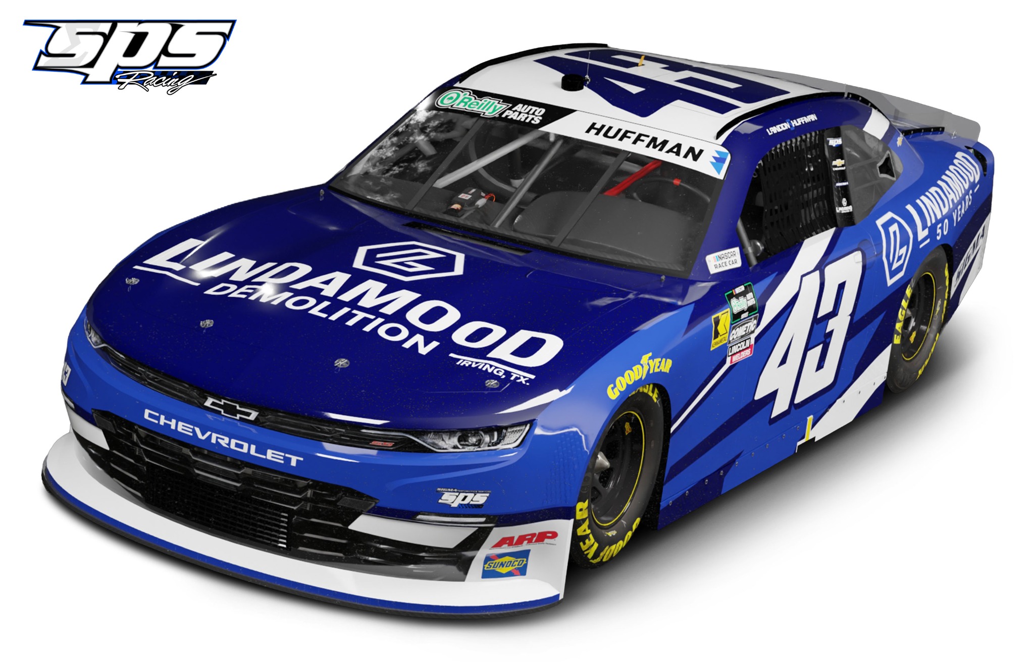Rendering of Landon Huffman’s blue and white No. 43 Lindamood Chevrolet for Bristol.