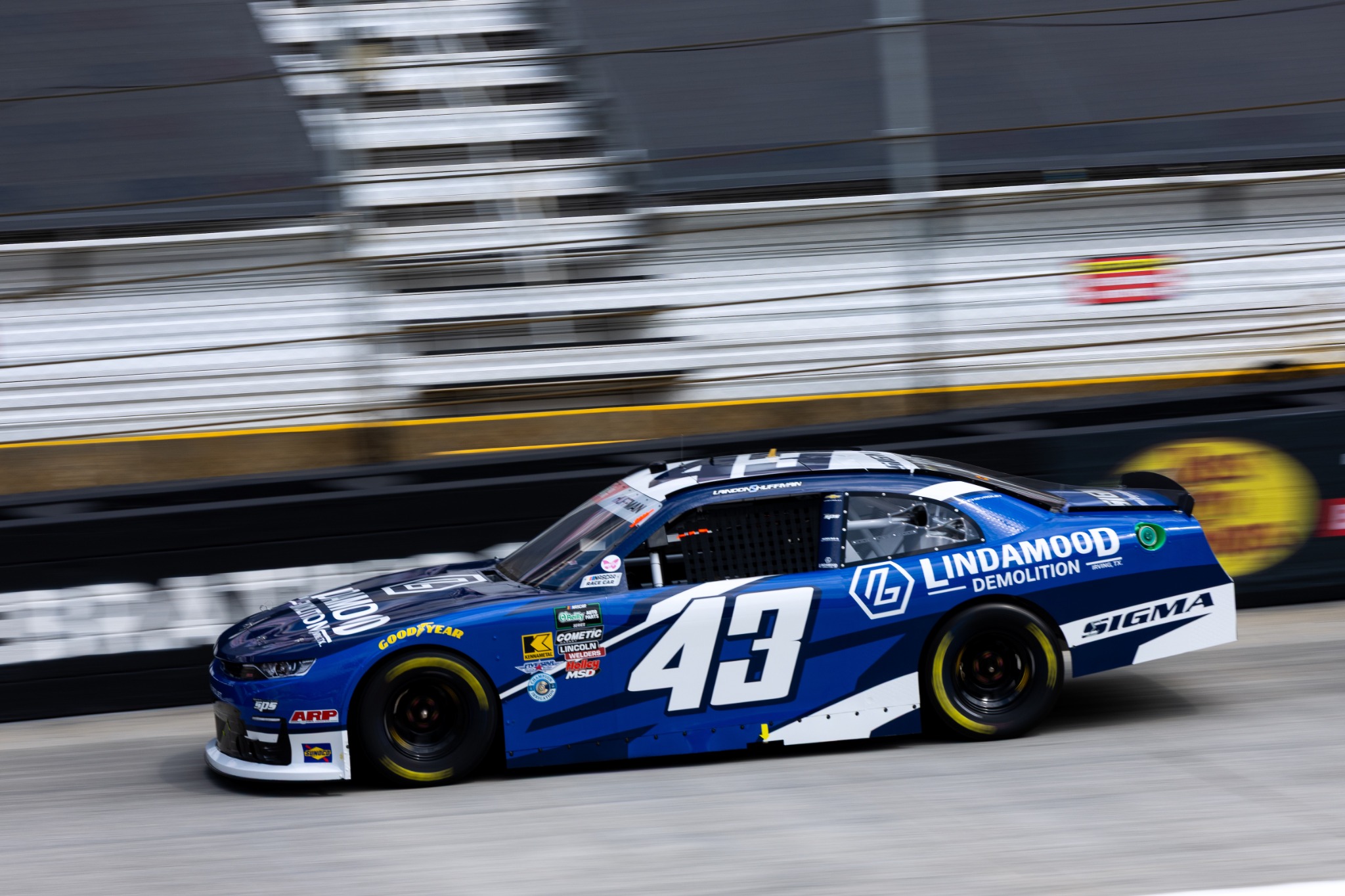 Landon S. Huffman’s blue and white No. 43 Lindamood Demolition Chevrolet on track at Bristol Motor Speedway.
