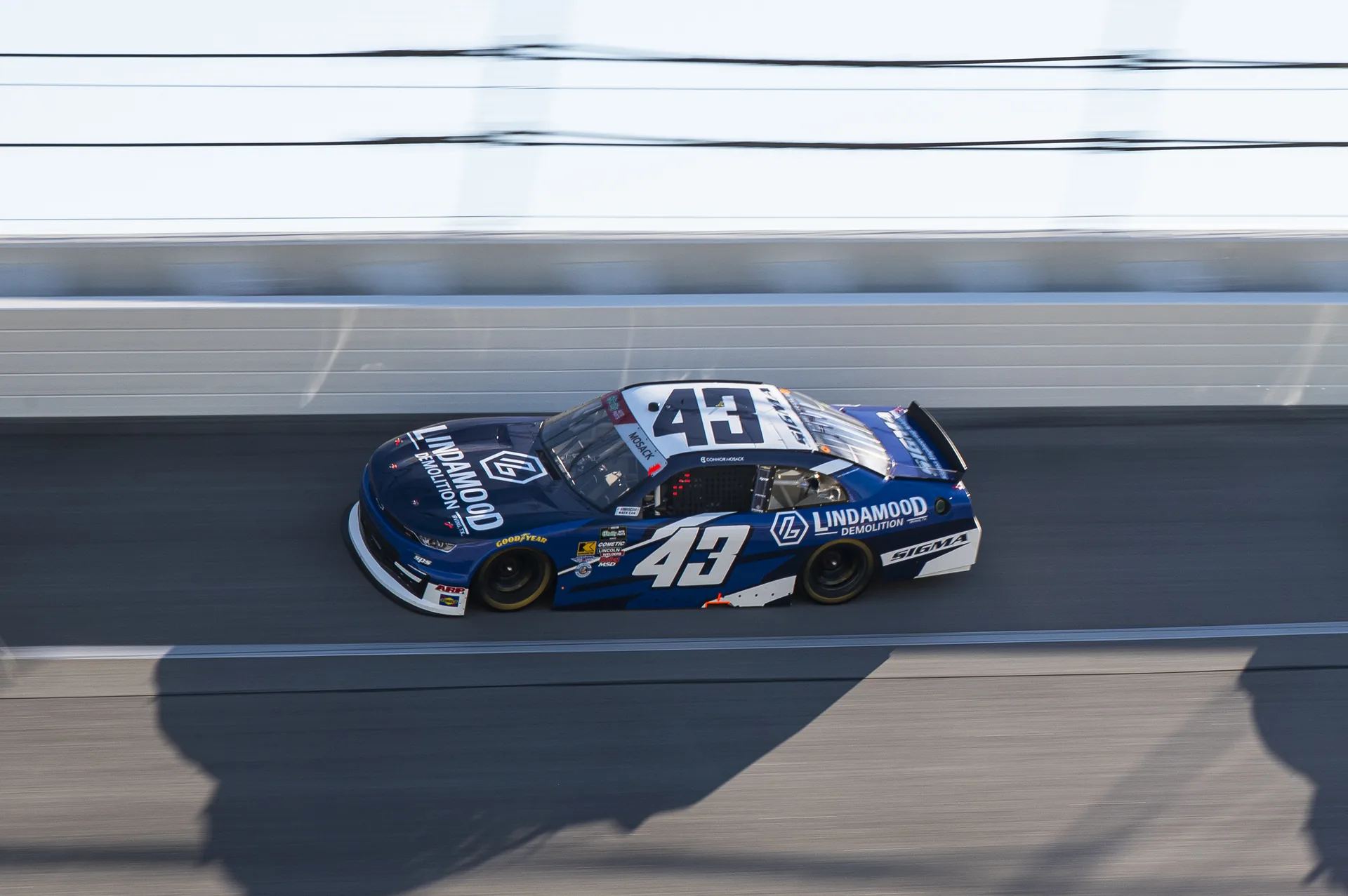 The No. 43 Lindamood Chevrolet on the banking at Talladega Superspeedway.